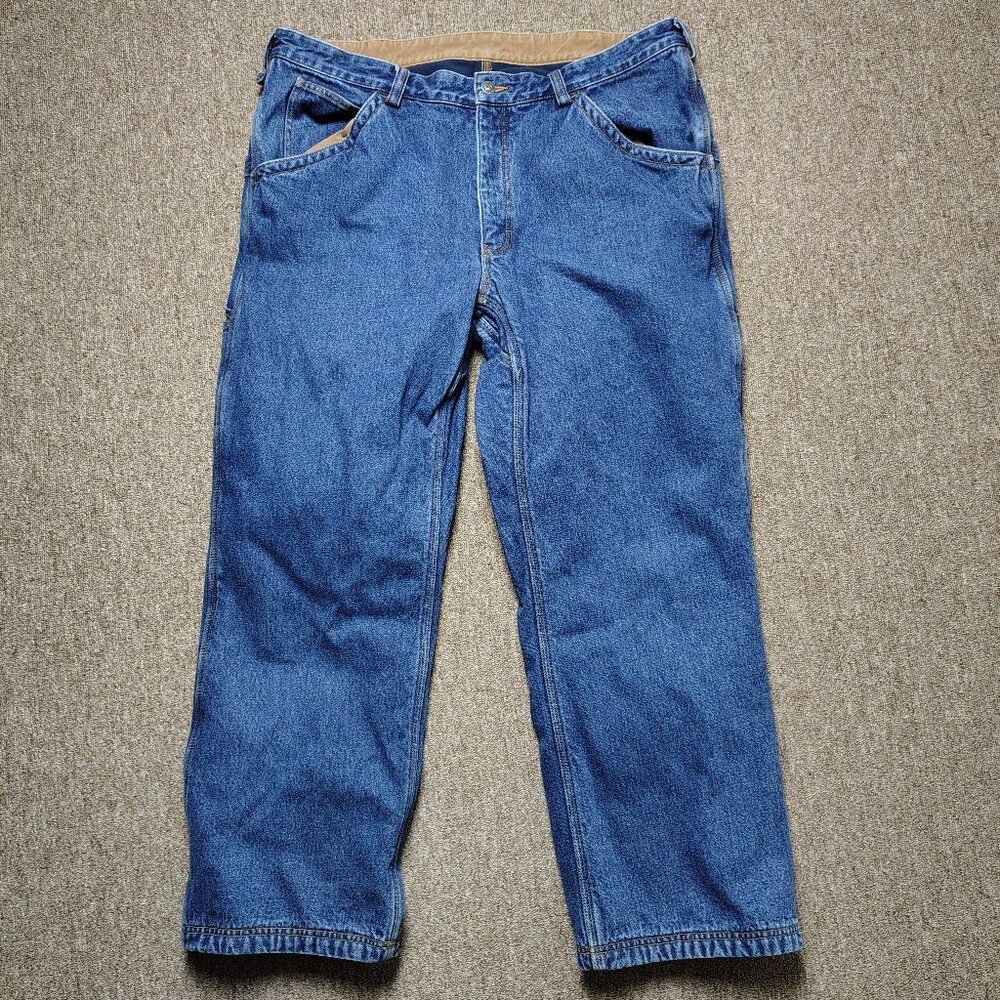 DULUTH TRADING CO Work Jeans Men 42x32 Blue Fleece Lined 100% Cotton Denim